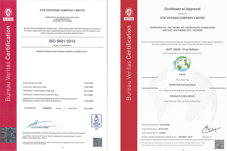 ISO 9001:2015, IAFT 16949 certificate standard